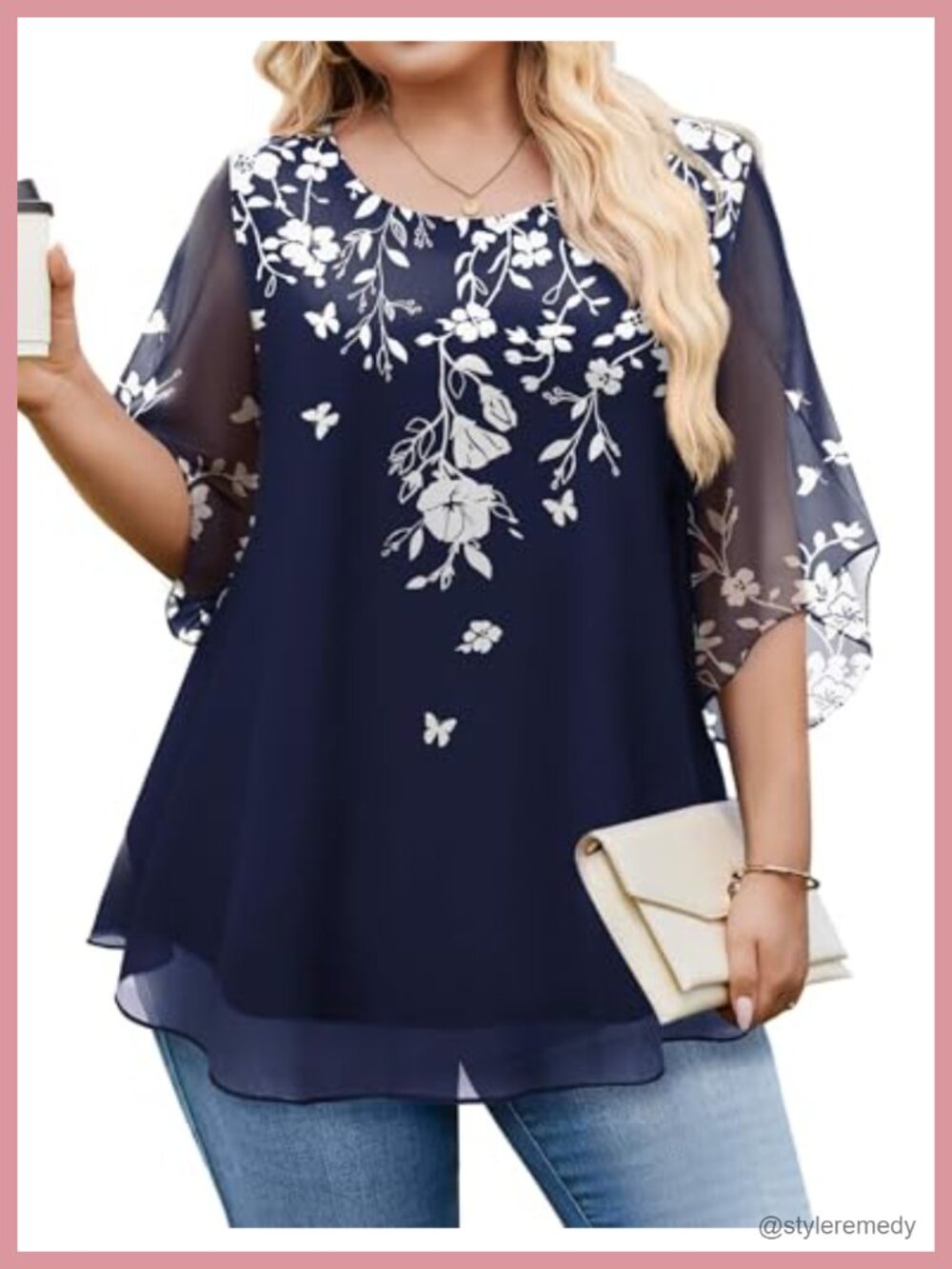 Women's Plus Size 3/4 Sleeve Ruffle Mesh Blouse Dressy Double Layer
